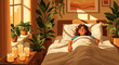 © aghniya - A peaceful woman sleeping in a cozy, sunlit bedroom filled with lush indoor plants and candles