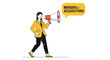 © Diamna - Businesswoman holding megaphone for mergers and acquisitions announcement.