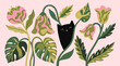 © Nadia - Black cat hiding among tropical flowers and green leaves on pale pink background