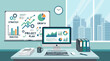 © FaiSTUDIO - Modern business office workspace with charts, reports, computer and city view