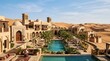© Jarot - Luxury desert resort with pool and palm trees, sand dunes background