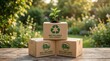 © Hena74 - Small green plant growing in a recycled cardboard shipping box outdoors with recycling