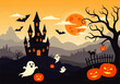 © denijulianto - Vector flat design illustration of a spooky haunted castle with ghosts and pumpkins under a large orange moon