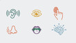 © Md - Set of six minimalist vector icons representing the five human senses of hearing, sight, touch, smell, taste, and the brain.