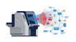 © GedhangKlutuk - Industrial machine monitoring system with digital alert signals and network connectivity diagram. EPS Editable. Vector Illustrations.