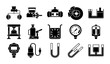 © Asset Aura - Hydraulic system icons set, industrial fluid power machinery symbols, mechanical pressure and brake components, 15 black vector silhouettes