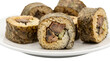 © Ali - Gourmet unagi sushi rolls with grilled eel and seasoned rice, traditional Japanese maki rolls on white plate, delicious seafood appetizer isolated PNG with Transparent Background