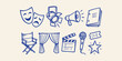 © alamingraphics27 - theater elements and acting movie performance doodle icon set with mask spotlight megaphone script chair curtain clapperboard microphone ticket and star vector illustration