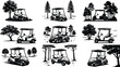 © Mahmud - Collection of electric golf cart vector illustrations depicted in various outdoor park and green landscape settings