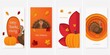 © Mahii - A collection of four Thanksgiving-themed greeting cards in a flat paper-cut style, featuring turkeys, pumpkins, and autumn leaves in shades of orange, brown, and yellow against white and orange backgr
