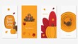 © Mahii - A collection of four Thanksgiving-themed greeting cards in a flat paper-cut style, featuring turkeys, pumpkins, and autumn leaves in shades of orange, brown, and yellow against white and orange backgr