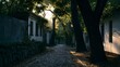 © Thares2020 - A majestic old town alley features quaint cobblestone streets with sunlight filtering through the trees