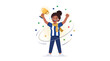 © DedeRes93 - Cheerful young woman celebrating with a trophy in a colorful confetti background, conveying a joyful mood with a cartoon style illustration.