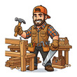 © mekanik - Happy carpenter with tool belt and wooden blocks smiling.
