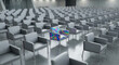 © Design - Empty auditorium, gray chairs, colorful puzzle pieces, alone chair, office furniture, puzzle on chair
