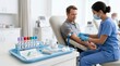 © Taras Roshchuk - A healthcare worker is taking a blood sample from a man sitting in a medical clinic. The setting shows equipment needed for the procedure and a clean environment