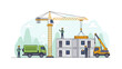 © Panji - Modular Housing Construction Site Illustration with Crane, Truck, and Workers Building Prefabricated Container Homes