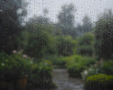 View of a garden through a rain soaked window, wet glass with water drops autumn storm seasonal atmospheric weather landscape portrait asset