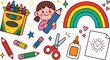 © MdRobiul - Kids art and school craft element set. Cute cartoon girl holding big pencil, crayon box, colorful rainbow, scissors, glue bottle, coloring paper with smiling sun, stars and hearts.