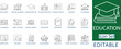 © ICON37 - education and online learning line icon set containing graduation cap, e-learning school, digital library, certificate, study schedule, and student profile interface icons.