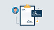© James - Letter of intent or LOI document on a clipboard with a professional profile and digital signature for business transactions.
