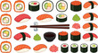 © Mahadi - Japanese sushi rolls and nigiri set with chopsticks soy sauce wasabi and ginger vector illustration isolated on white background, traditional asian food flat cartoon icons.
