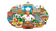 © Yni - Chef Preparing Authentic Italian Pasta with Traditional Ingredients and Italian Cityscape Background Vector Illustration cooking food italy restaurant dish kitchen