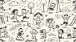 © Helen - Seamless pattern of happy children playing outdoors in a playful hand drawn doodle style featuring kids jumping rope and running on a textured paper background