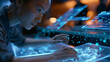 © Nick Freund - Kind arbeitet konzentriert an einem leuchtenden futuristischen Hologramm-Interface auf einem Tisch.