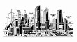© Bandet - A futuristic cityscape with sleek skyscrapers, flying drones, and wind turbines