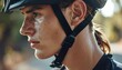© nanskyblack - Blank bike helmet worn mockup, secure chin strap clipped tight, jawline and neck close-up, cinematic lighting, realistic skin detail, outdoor sport mood