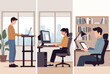 © rasel - Three professionals are shown working at different office setups including a standing desk, a standard desk, and a reading area with a tablet.