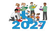© Al - Family Togetherness for the Future: A multi-generational family launches paper boats down a stream, symbolizing hope and shared aspirations as they embrace the year 2027.