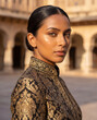 © Abul Kalam Azad - Luxury fashion portrait of elegant woman wearing ornate gold embroidered traditional inspired garment in historic palace architecture with sophisticated beauty and couture styling