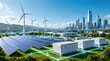 © AI Business Visuals - Wind turbine and solar panel array with battery storage technology integrated into a modern smart city infrastructure creates a sustainable ecosystem for commercial energy and power transition use.