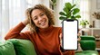 © Ben photography Ai - Happy young woman holding mobile phone in hand showing cellphone display, presenting big white blank cellular display template mock up, smartphone mockup screen for digital application promo ads.