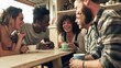 © Olya Pilipchik  - Diverse group of young adult friends enjoying conversation and coffee together in a vibrant cafe, sharing laughter and happy moments fostering strong community connections