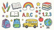 © Huzaifa Creatives - Colorful doodle set featuring cute school supplies like books, pencils, a yellow bus, a rainbow, and academic learning icons