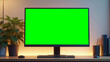 © Muhammad - Modern desktop computer monitor with a vibrant green screen displayed on a wooden office desk