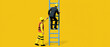 © S-DESIGN - A construction worker in a yellow hard hat and safety vest helps a businessman in a suit and yellow hard hat climb a blue ladder against a bright yellow background.