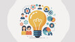 © Rasell - Central glowing lightbulb surrounded by floating icons of people, gears, hearts, and puzzle pieces on a light background for digital innovation and connectivity.