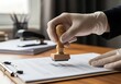 © Shakib - Gloved hand stamping document with approval seal in office setting