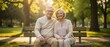© Pornfa - Senior couple enjoying a peaceful moment together on a park bench surrounded by bright green trees and golden sunlight in a serene outdoor setting