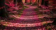 © noorbanu - Scenic forest trail covered in vibrant pink autumn leaves at sunset