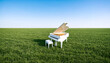 © milicenta - White grand piano standing alone in a vast green field