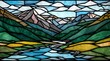 © Ayimonin Materials - Mountain landscape with river reflection in stained glass mosaic style