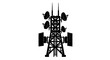 © youyo - Minimal black silhouette icon, simple flat vector, bold black shape, no, no shading communication tower silhouette with satellite dishes and antennas, on a, flat icon style
