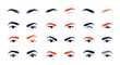 © John - Beauty industry illustration presents a collection of twenty-four different eye and eyebrow shapes with various makeup styles and colors.