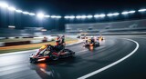 Vibrant go karts speed around a curved asphalt track under bright stadium lights at night, creating motion blur with glowing brake discs, illuminated, leisure, motion