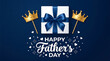 © Ahasan - Happy father's day greeting card with a white gift box, blue ribbon bow, two golden crowns on sticks, and confetti on a dark blue background